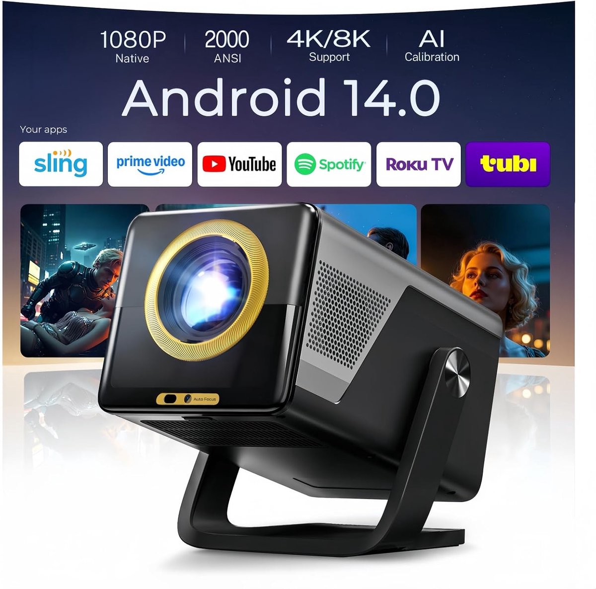 SnelShoppen - X7 Projector Native 1080P / 2000 ANSI - Android 14 - Draagbare Beamer voor Feesten, Camping, Thuisbioscoop - Compact en Krachtig