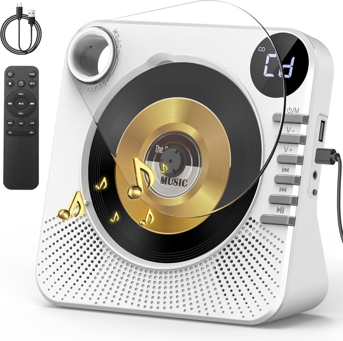 SnelShoppen - Draagbare CD-speler Bluetooth 5.1 met Luidspreker, Afstandsbediening, Stofbescherming, AUX/USB Weergave, Wit, Ideaal voor Thuis en Kinde