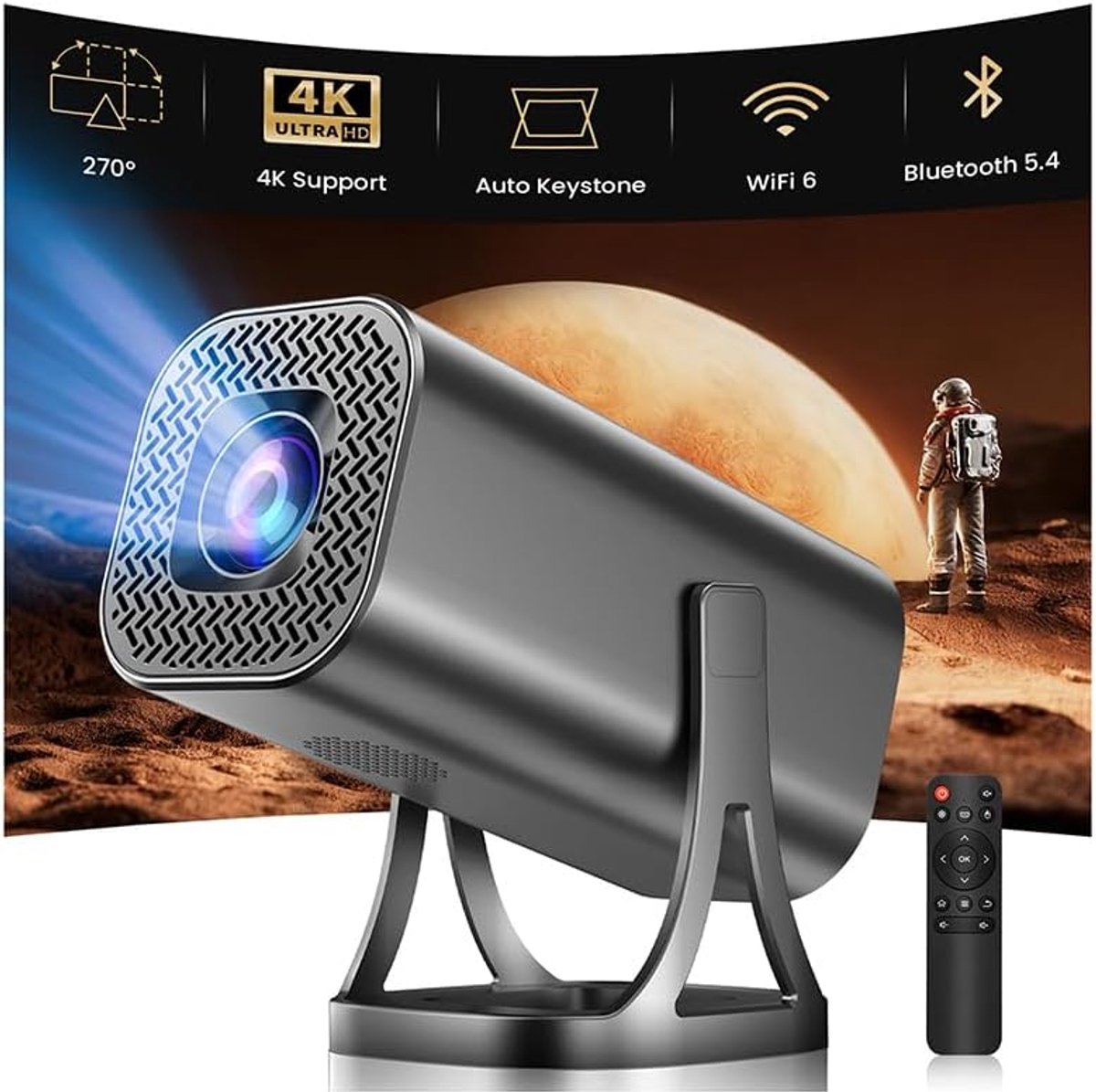 SnelShoppen - Mini-Beamer 4K 1080P, Draagbare Projector Android 12.0, 22000L, Wifi 6 & Bluetooth 5.4, Home Theater Smart Beamer met Auto Keystone, 270