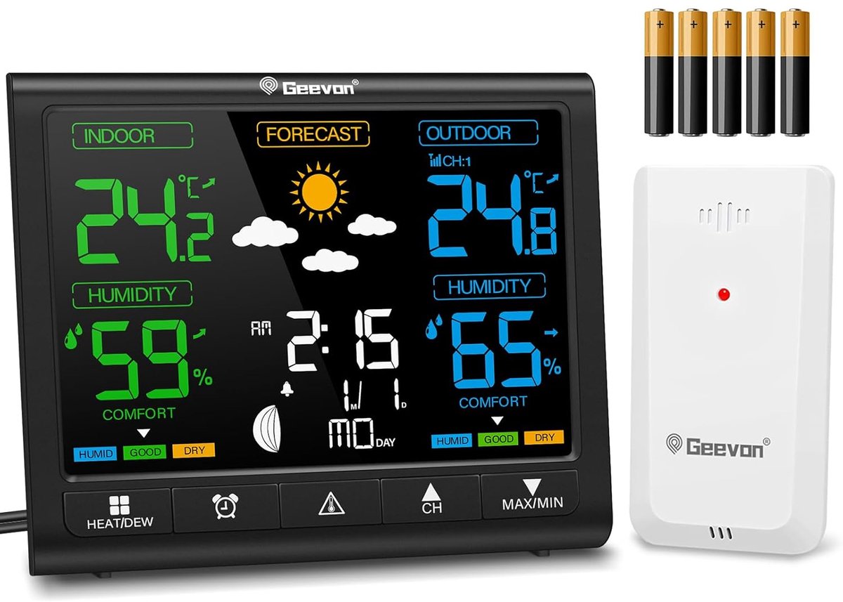 SnelShoppen - Weerstation met Buitensensor, LCD-Display, Nauwkeurige Buitenthermometer, Gebruiksvriendelijk, Hoge Leesbaarheid, Inclusief USB en Batte