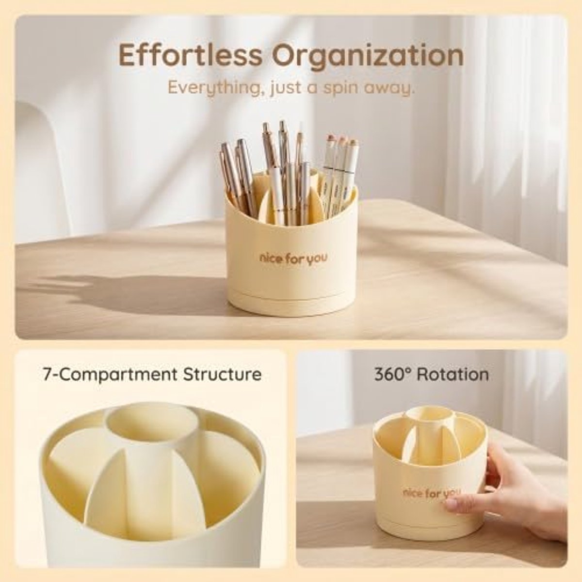 SnelShoppen - Bureau-organizer 360° Draaibare Pennenhouder - Multifunctionele Roterende Organizer voor Kantoor, Make-up en Schrijfwaren - Geel, 12x12