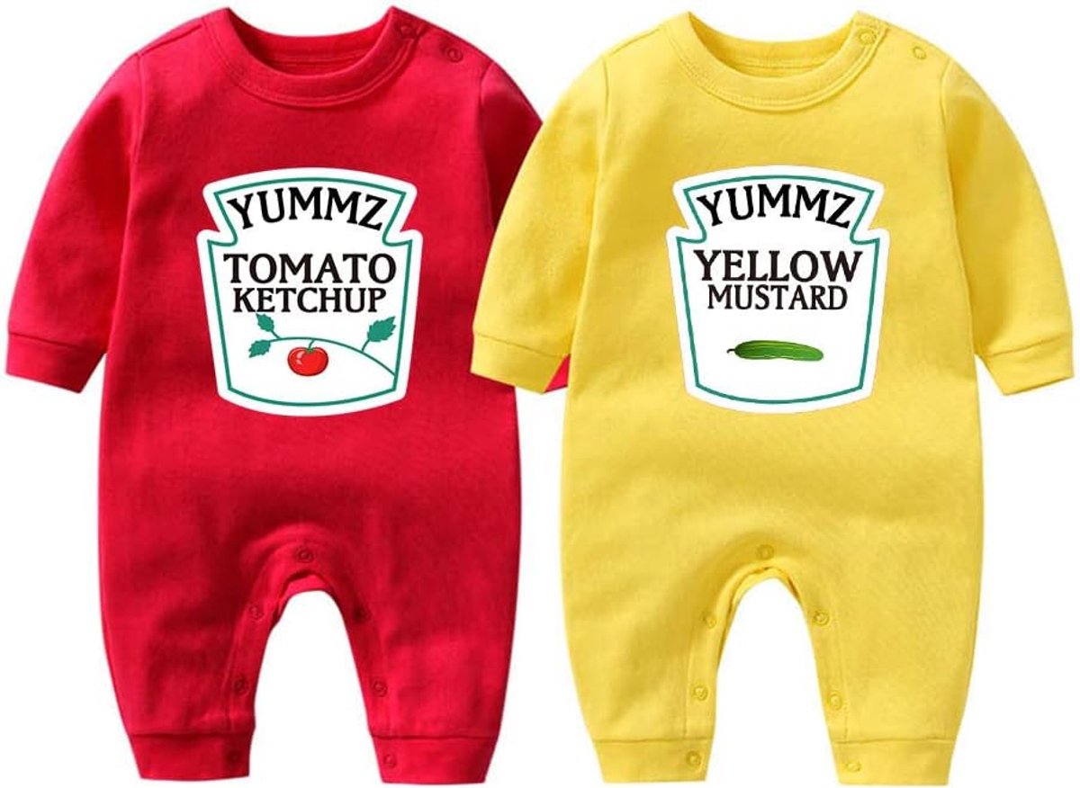 SnelShoppen - Baby Tweelingen Rompers voor Jongens en Meisjes, 100% Katoen, Rood Geel Patroon, Leuke Geboorte Babykleding, 9-12 Maanden, Grappig Cadea