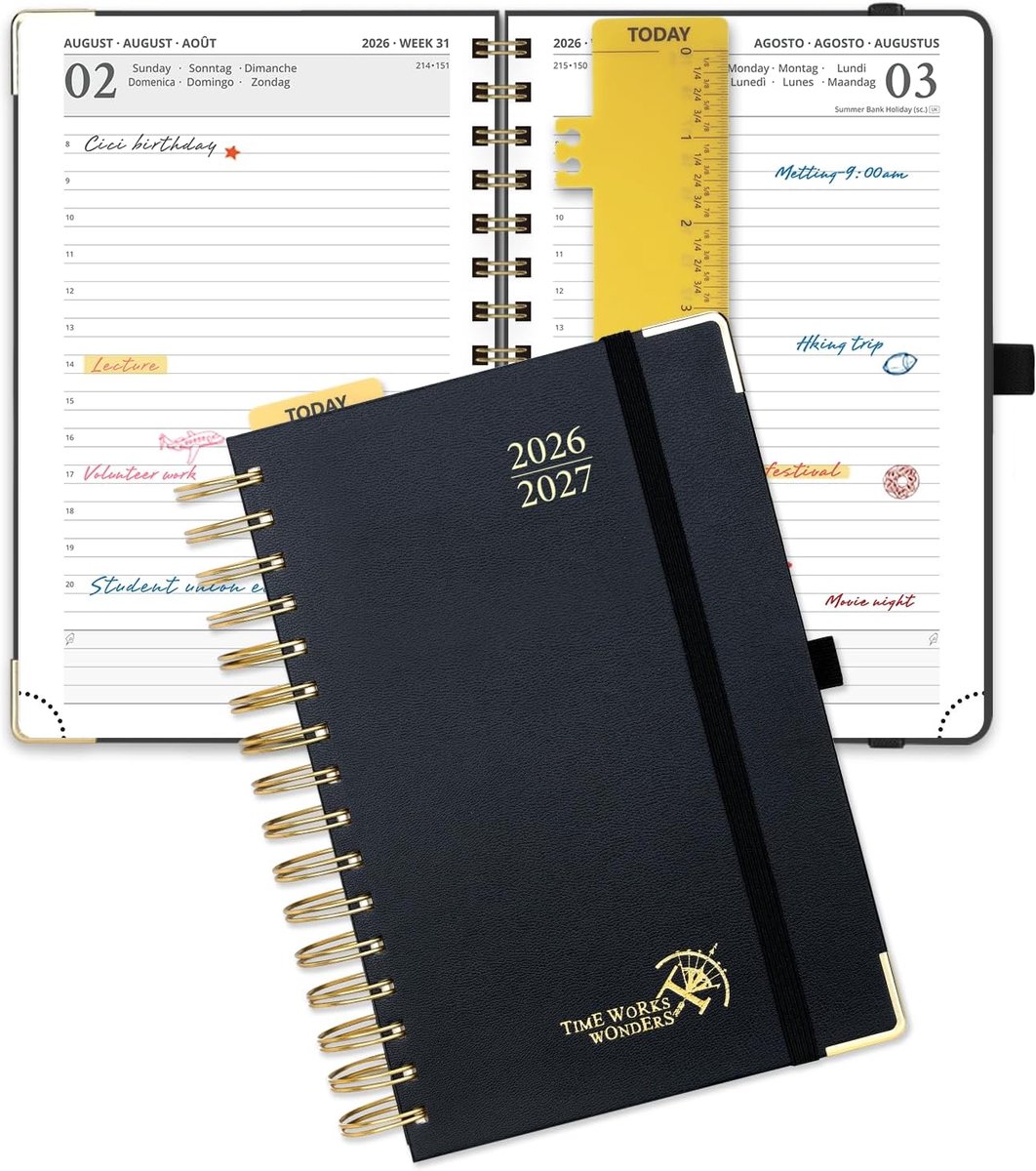 SnelShoppen - Agenda 2026 2027 Dagplanner A5 21,5 x 14,5 cm, 1 Pagina per Dag, School Planner, Harde Kaft, 80 GSM Papier, Zwart, 12 Maanden
