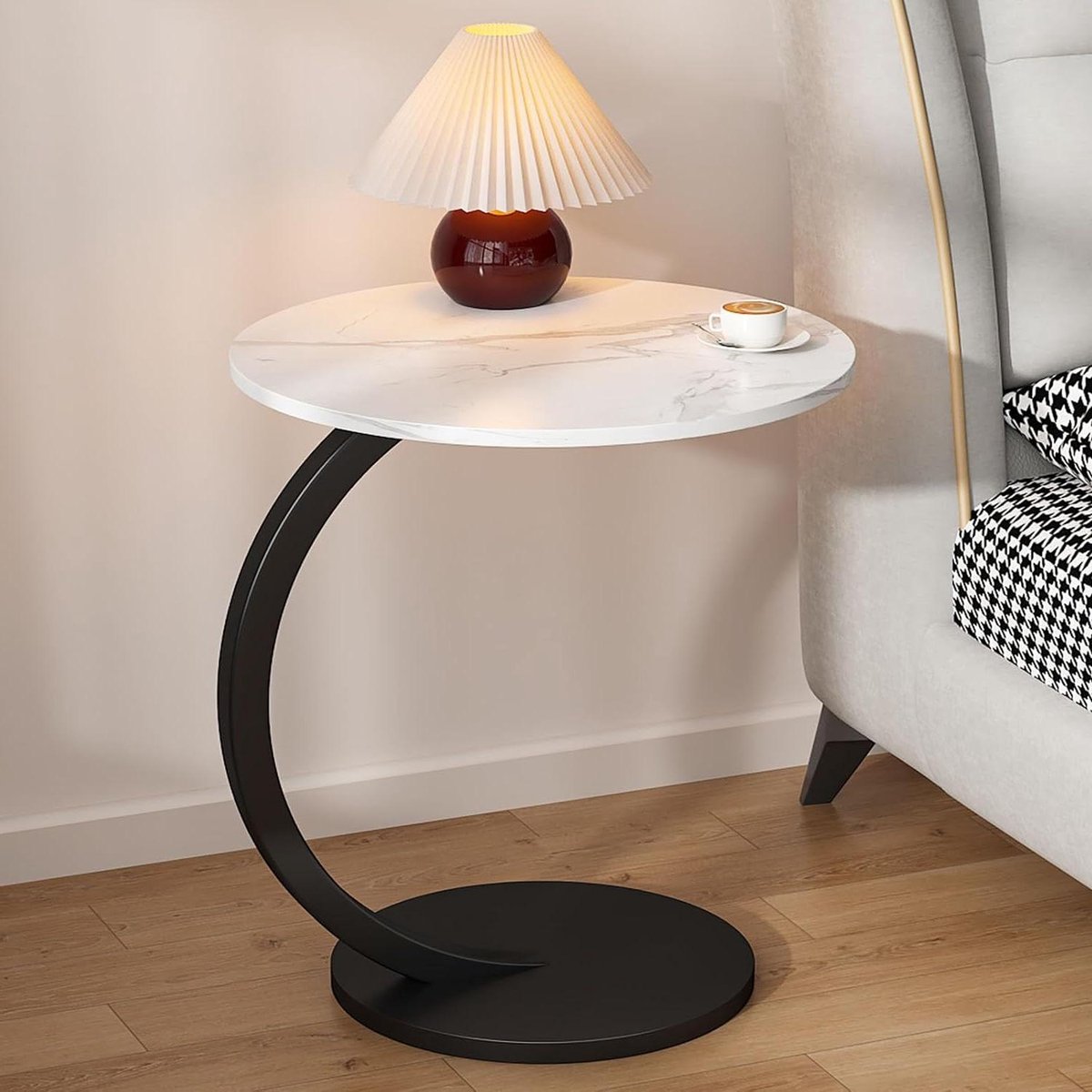 C-vormige bijzettafel - Laptoptafel nachtkastje - Woonkamer kantoor - Geen gereedschap nodig - Ruimtebesparend ontwerp - Marmer wit zwart