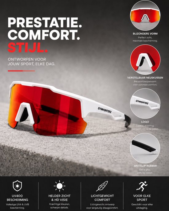 Gymhunterz Sport Zonnebril - Fietsbril - Wielrenbril - Hardloopbril - Festival Rave Space Bril - UV400 Gepolariseerd - Wit Rood van gymhunterz — afbeelding 3