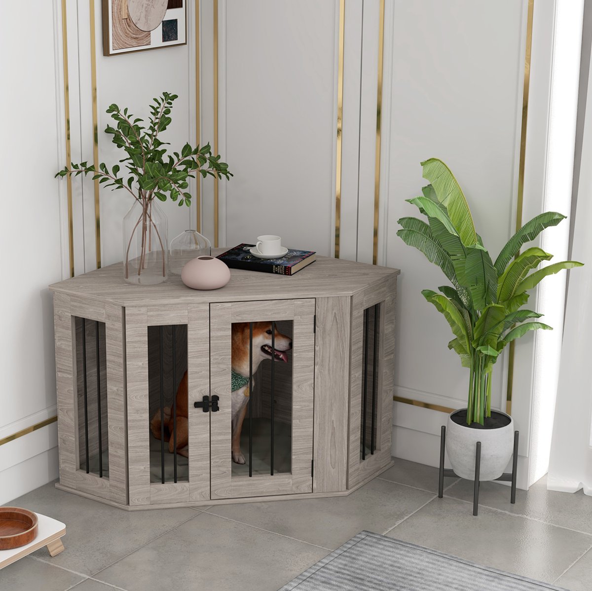 MODENUIT Hondenbench – 104 x 55 x 63 cm – Hout en Staal – Walnootkleur – Voor Middelgrote Honden – Deurslot