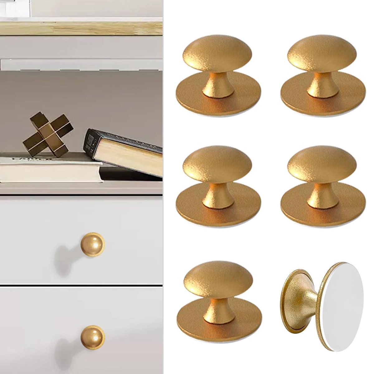 SnelShoppen - Pack van 6 Zelfklevende Knoppen voor Keuken, Goud RVS, Handgrepen voor Kaste