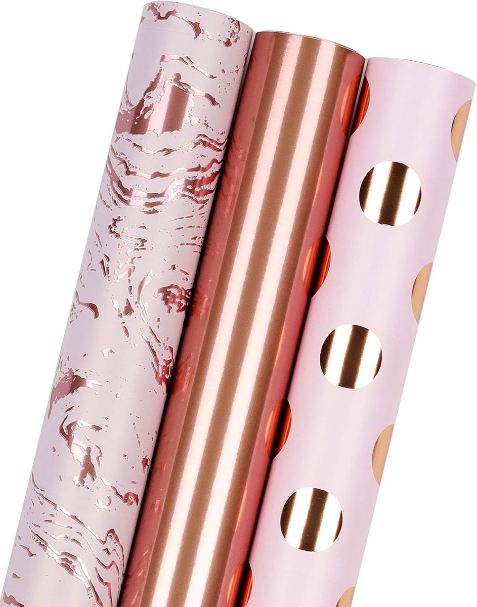SnelShoppen - Cadeaupapier Set - Mini Rol - 3 Verschillende Roze Marmer Design met Metallic Glans - 43.2 cm x 3.05 m per Rol - Perfect voor Feestjes e