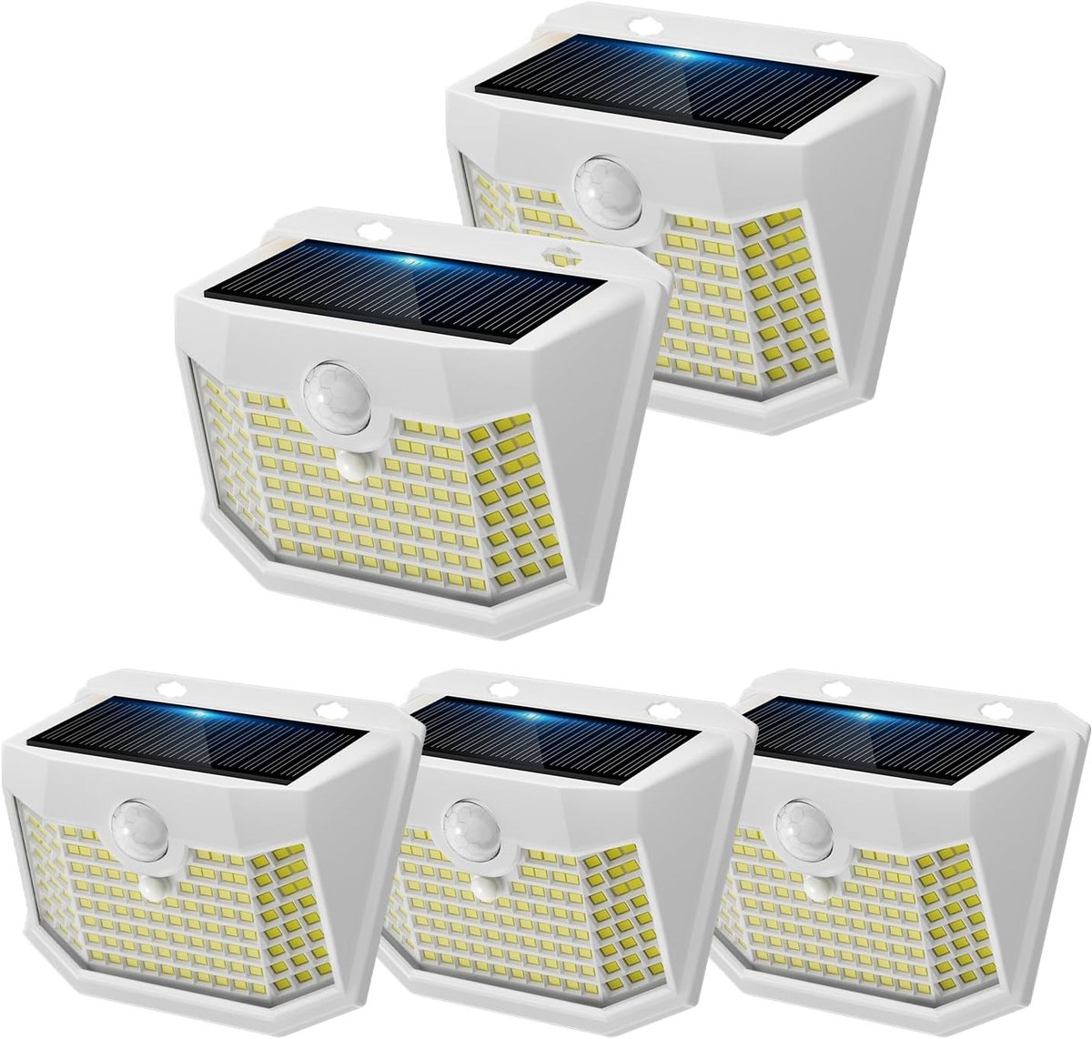 SnelShoppen - 5x Aotu Solarlampen Buiten met Sensor, 120LEDs, IP65 Waterdicht, Draadloos, 3 Verlichtingsstanden, Tuinverlichting, Witte Behuizing, Kou