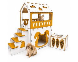 QORVANE Konijnenhuis XXL voor Binnen – Konijnenhok en Speelhuis met 2 Verdiepingen, Trap en Hooiruif – 70x45x65 cm – Mosterdgeel