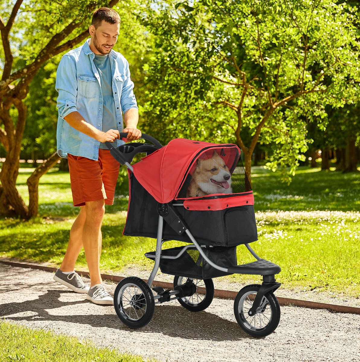 Modenuit Dierenbuggy – Opvouwbaar 109,5 x 54,5 x 106,5 cm – Oxford Stof – Rood Zwart – 3 Wielen – Opbergmand