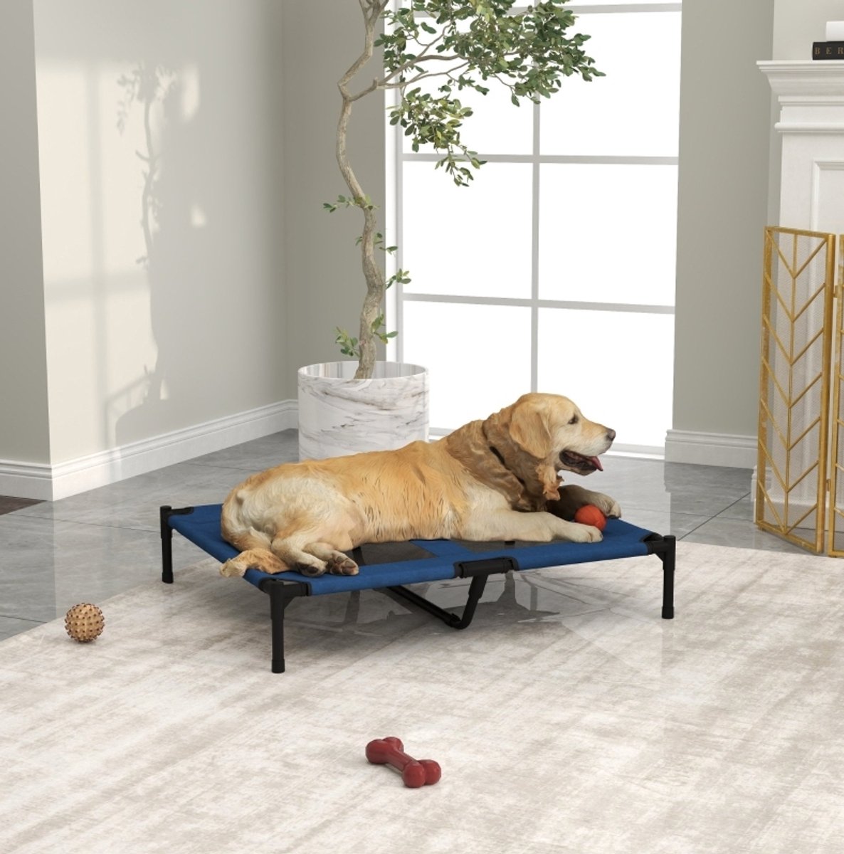 DESMIU Dierenmand – Verhoogd Ligbed – 91,5 x 76,2 x 18 cm – Metaal en 600D Oxford Gewebe – Blauw – Voor Hond en Kat