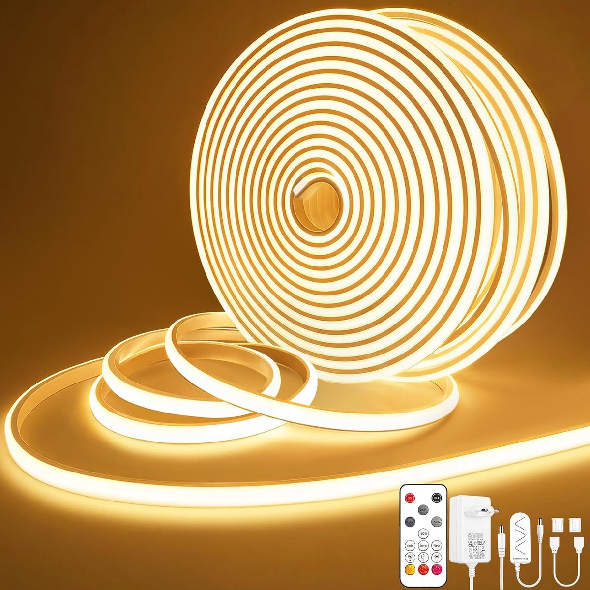 SnelShoppen - LED Strip 20 Meter Warm Wit Dimbaar Waterproof 3000K Neon Strip met Afstandsbediening 10 mm Brede Flexibele Silicone Verlichting voor Bi
