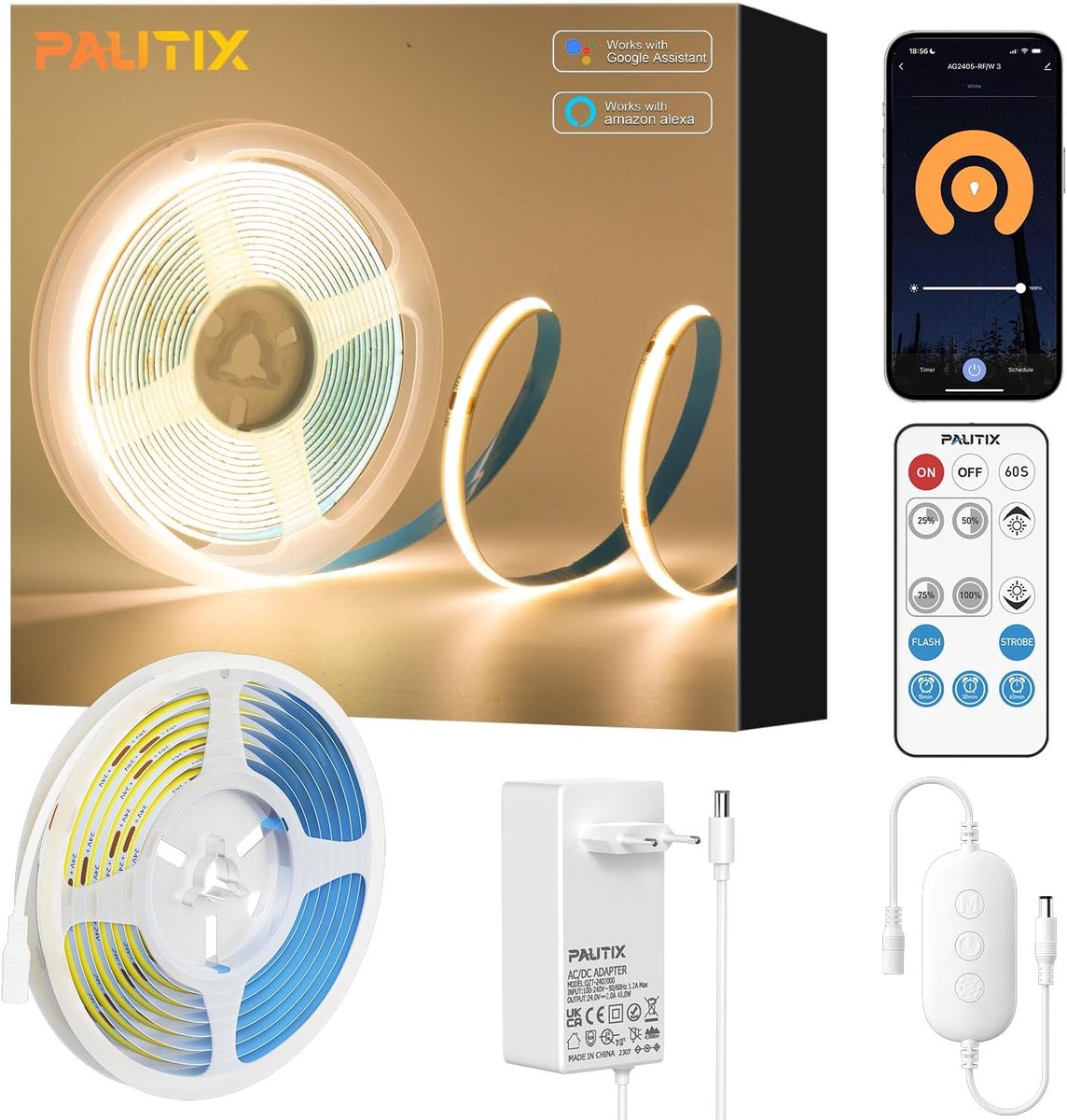 SnelShoppen - Dimbare PAUTIX COB LED Strip 5m Warm Wit 2700K Slimme WiFi LED Strip Kit voor Alexa/Google Assistant, 480 LEDs/m, Flexibele 24V Verlicht