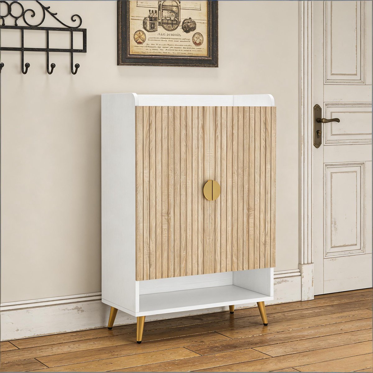 Wishdor - Schoenenkast - 7-laags opbergruimte - met verstelbare plank en open ondervak - landelijk - voor hal of entree - hout en metaal - wit houtlook - 75 cm