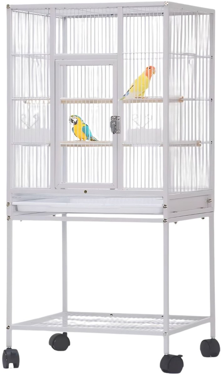 Vogelkooi met Standaard - Met Zitstokken en Uitschuifbare Lade - voor papegaaien en parkieten - Zwart Metaal - Blauw/Wit