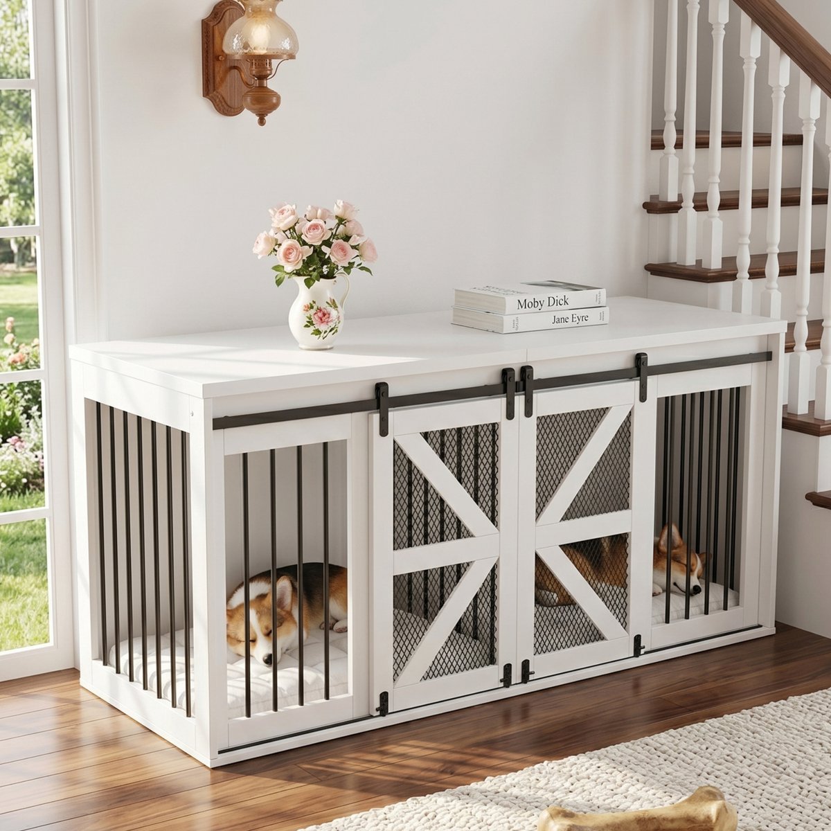 STILVORA Bench – 160 x 60 x 75 cm – Met Scheidingswand en Schuifdeuren – MDF en Metaal – Wit – Voor Twee Honden en Woonkamer