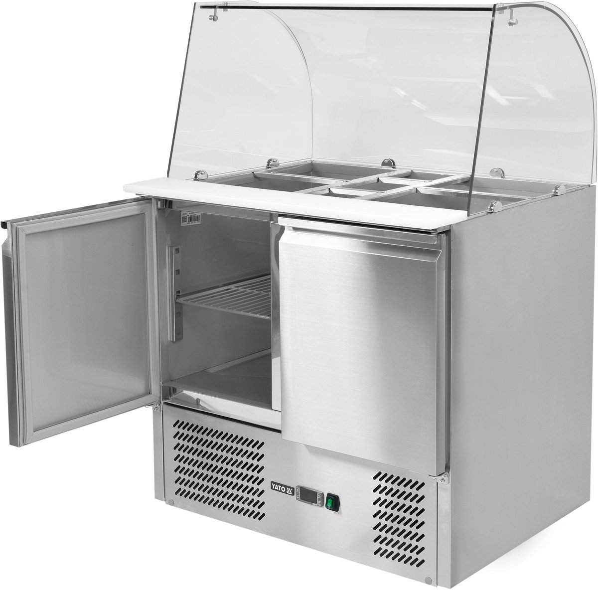 YATO Professionele Saladette Koelwerkbank YG-05260 – 2-Deurs – 240L – RVS – Glasopbouw – Geventileerde Koeling – Polyethyleen Werkblad – Inclusief Opening voor GN-Bakken
