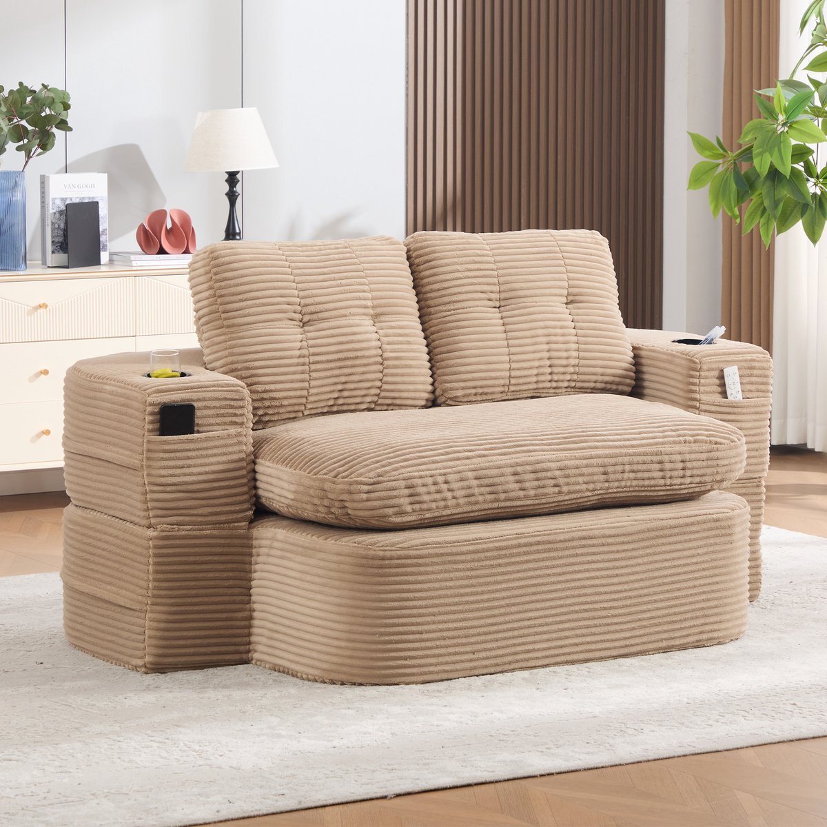 HAUSS SPOLE Fauteuil - 2-in-1 Relaxfauteuil - Met Ligfunctie En Afneembare Armleuningen - Voor Woonkamer En Slaapkamer - Cord Khaki