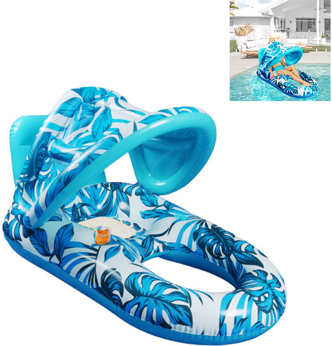 Opblaasbaar Waterbed- Drijvende ligstoel - Waterhangmat - Zwembad Float Met Bekerhouder - Luxe Waterstoel - Met zonbescherming, bekerhouder en voetsteun, ideaal voor volwassenen - PVC - 145×73×70 cm - Voor Zwembad En Tuinfeest - Blauw Met Bladprint