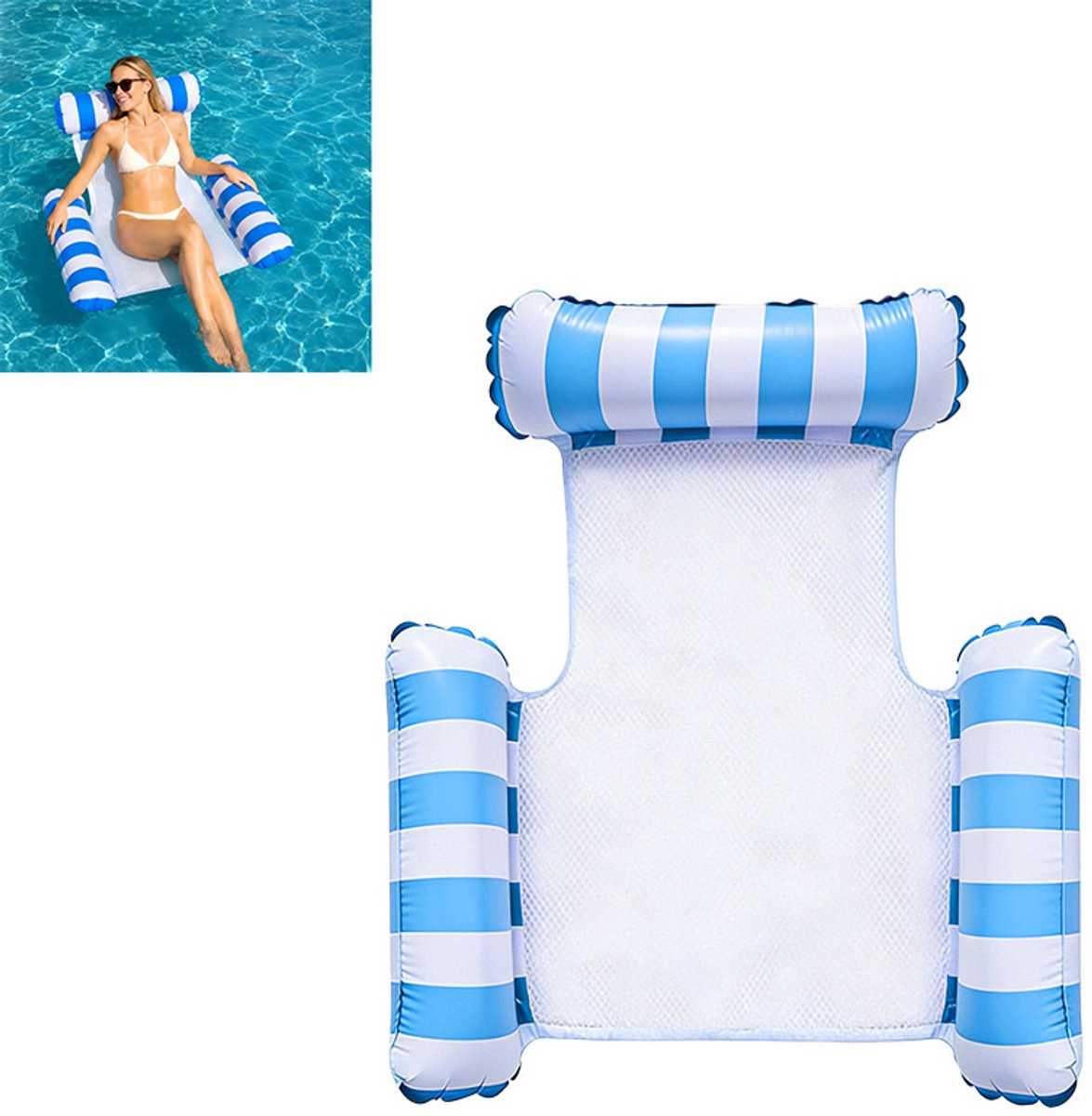 Opblaasbare Waterhangmat - Drijvend Zwembadstoel - Zwembad Float - Luchtbed Voor In Het Water - Met mesh midden, comfortabele zitting, geschikt voor volwassenen - PVC - 120×105 cm - Voor Zwembad En Zomerfeest - Lichtblauw Met Strepen
