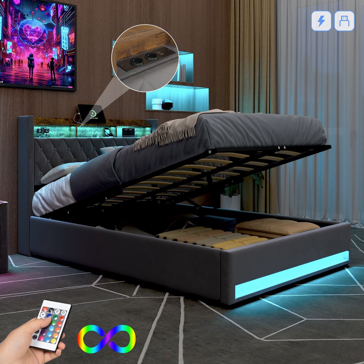 DESMIU Gestoffeerd Bed 140x190 cm – Comfortabel Hoofdbord – Ergonomische Ondersteuning – Zonder Matras – Voor Slaapkamer En Hotel – Donkergrijs
