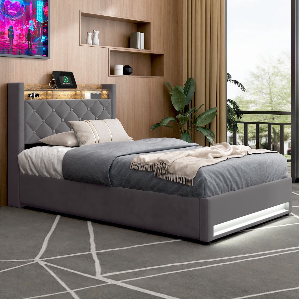 DESMIU Gestoffeerd Bed 90 x 190 cm – Eenpersoonsbed Met Opbergruimte, Usb-Poort En Ledverlichting – Fluwelen Frame – Grijs – Zonder Matras Eenpersoonsbedden