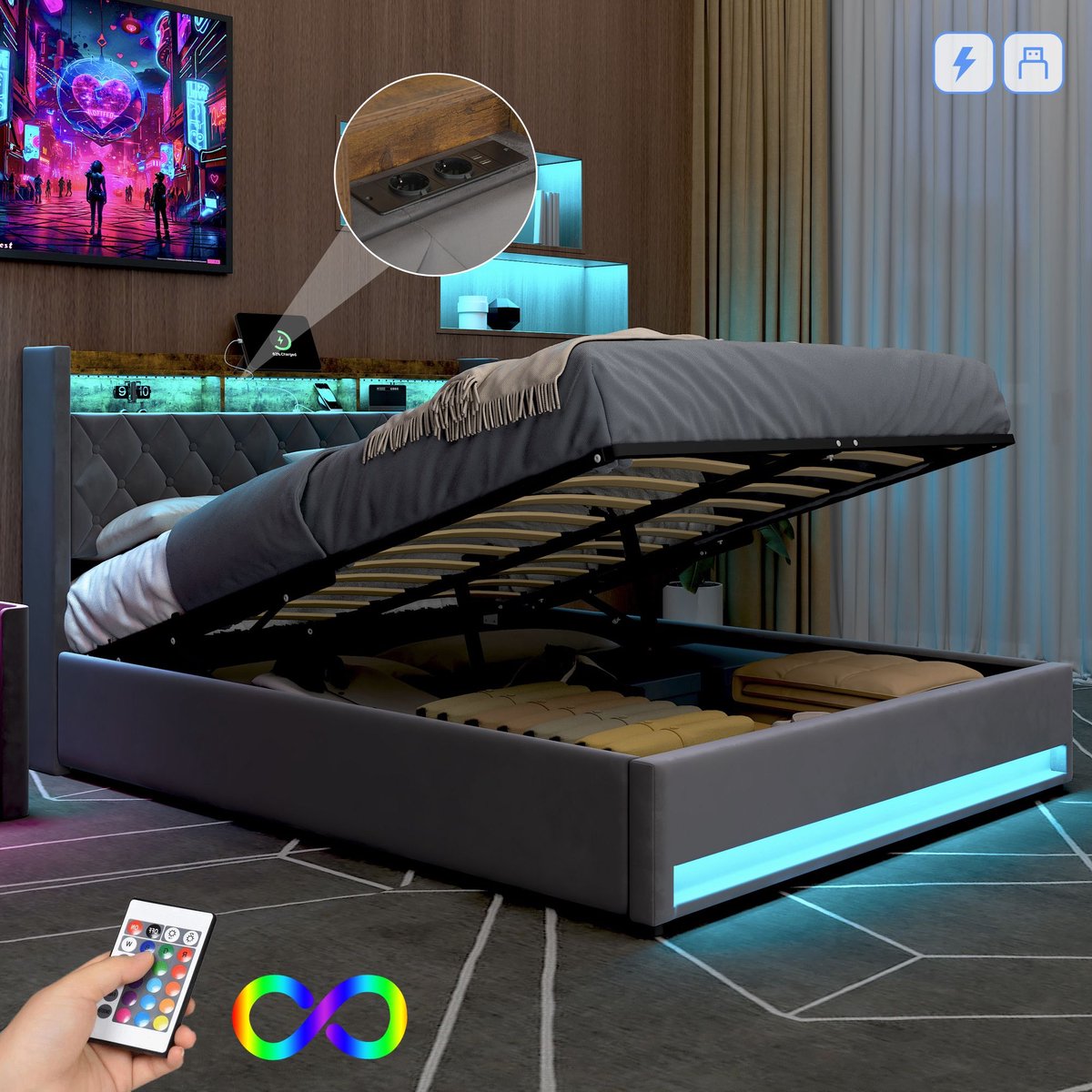 DESMIU Gestoffeerd Bed 160x200 cm - Comfortabel Fluwelen Bed - Ergonomische Ondersteuning - Stabiel Slaapcomfort - Voor Slaapkamer En Hotel - Donkergrijs - Zonder Matras