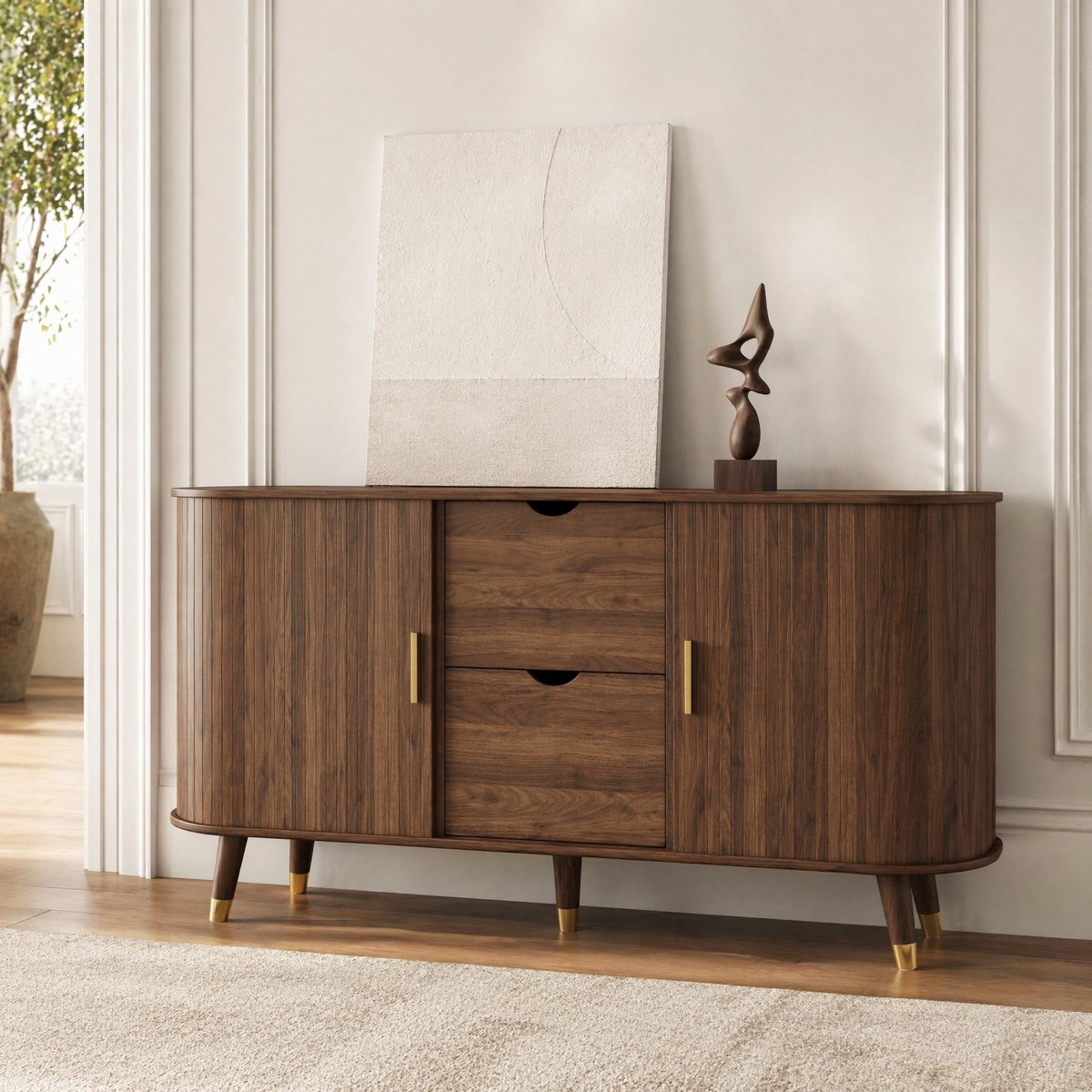 Wishdor - Dressoir - verticale houtnerf - 2 schuifdeuren en 2 lades - modern - woonkamer of hal - houtlook en massief houten poten - walnootkleur - 140 cm