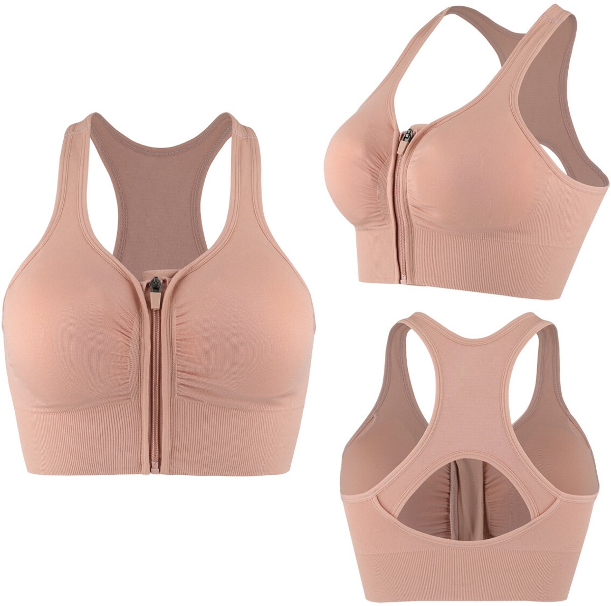 Sportbeha - Sport BH - Met rits - Ondersteuning - Gevoerd - Dames sportbeha - Sport top - Fitness BH - Sports bra - Front zipper - Workout bra - Activewear - Elastisch - Maat S/M - Roze - Jonyx