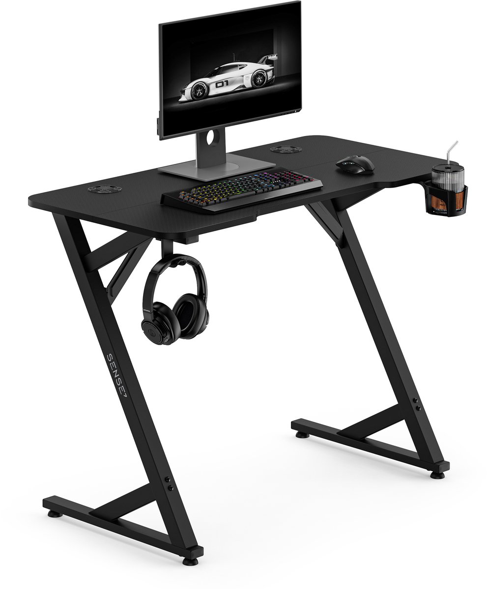 SENSE7 VAMO - Gaming Bureau - 100x50cm - Bekerhouder & Koptelefoonhaak - Computertafel - Zwart Carbon