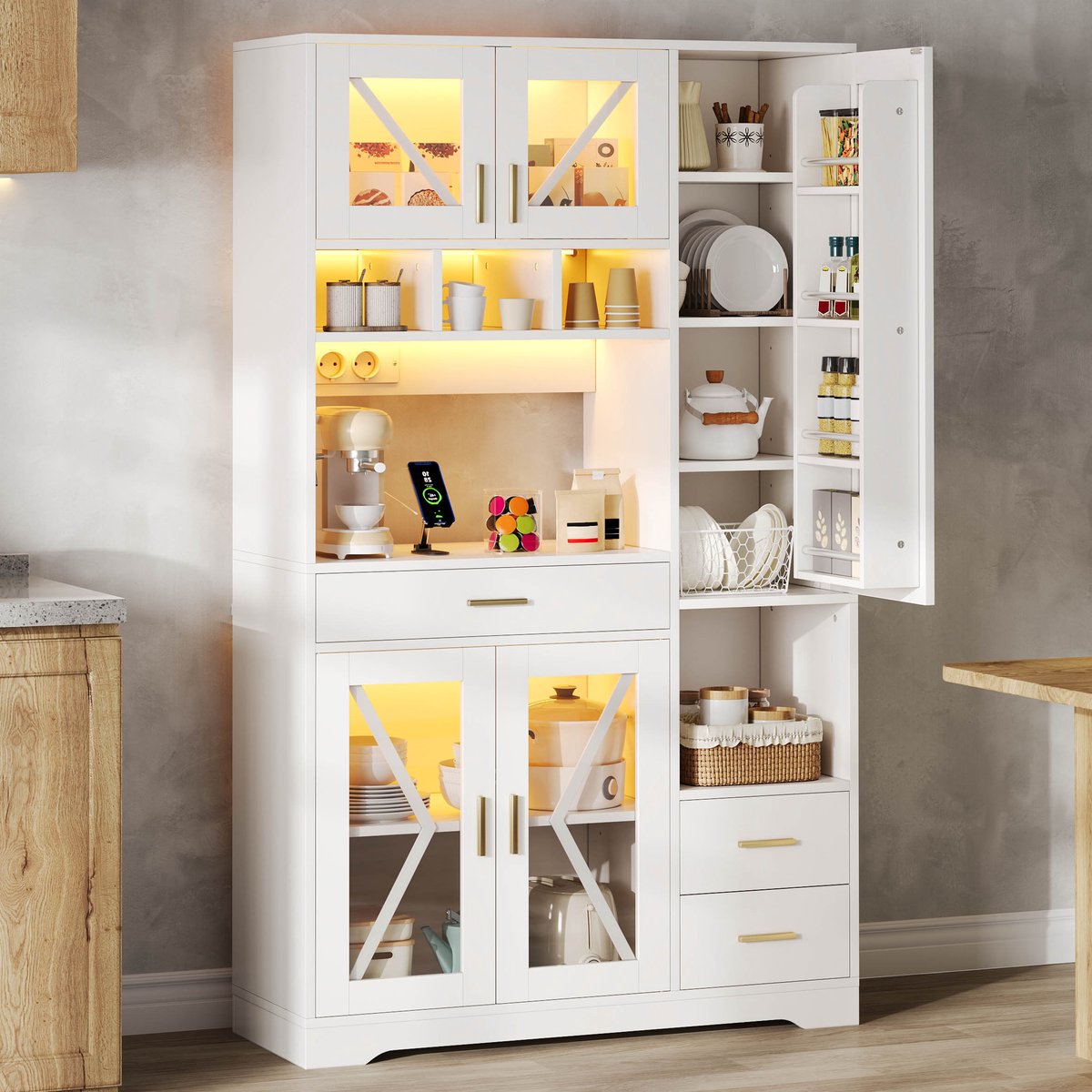 Wishdor - Keukenkast - Barnstijl buffetkast met LED-verlichting, stopcontacten en lade - vitrinekast voor keuken en eetkamer - bewerkt hout - wit - 105 x 40 x 185 cm