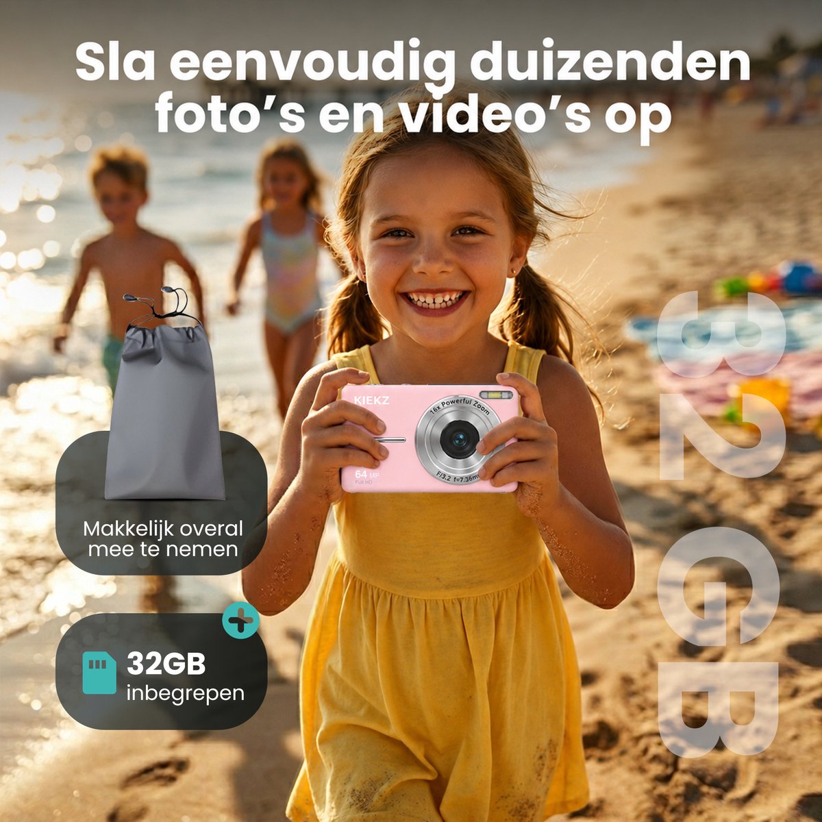 Kiekz Digitale Camera 64MP - Fotocamera Full HD - Mini Camera - Compact Camera - Fototoestel - Autofocus - Ideaal voor Kinderen en Beginners - Inclusief 32GB SD Kaart - Roze thumbnail 4