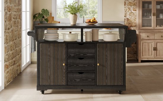 MEUNIQ keukenwagen met uitklapbare zijbladen 142,5 x 80 x 95 cm, 3 lades, verstelbare plank, handdoekstang en vergrendelbare wielen, zwart — afbeelding 2