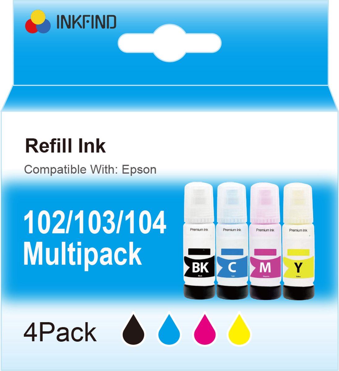 INKFIND 102 103 104 inkt geschikt voor Epson102 Epson 102 103 Epson104 Epson 104 - Zwart en kleur - Inktfles Ecotank voor Epson EcoTank ET-2710/2711/2720/2726/4700/4800 Epson Ecotank ET-2950/ET-3950/ET-4950 Epson EcoTank ET-2700/2750/3700/3750/4750