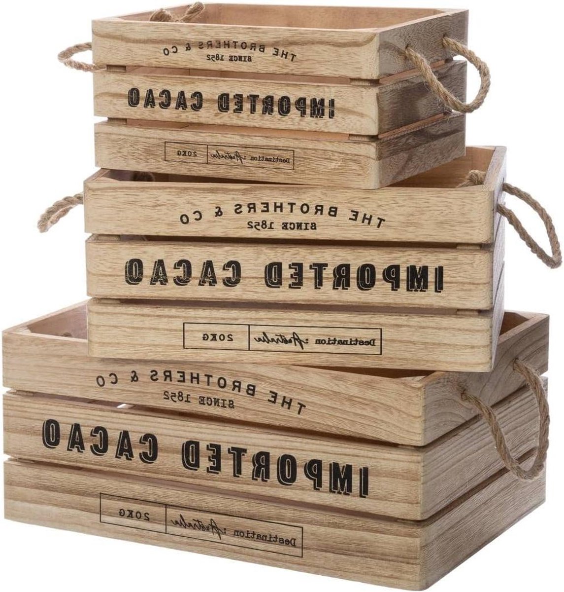Koloniale Kisten - Houten Opbergers - Interieur Decoratie - Set van 3 - Grootste 35 cm - Houtkleurig