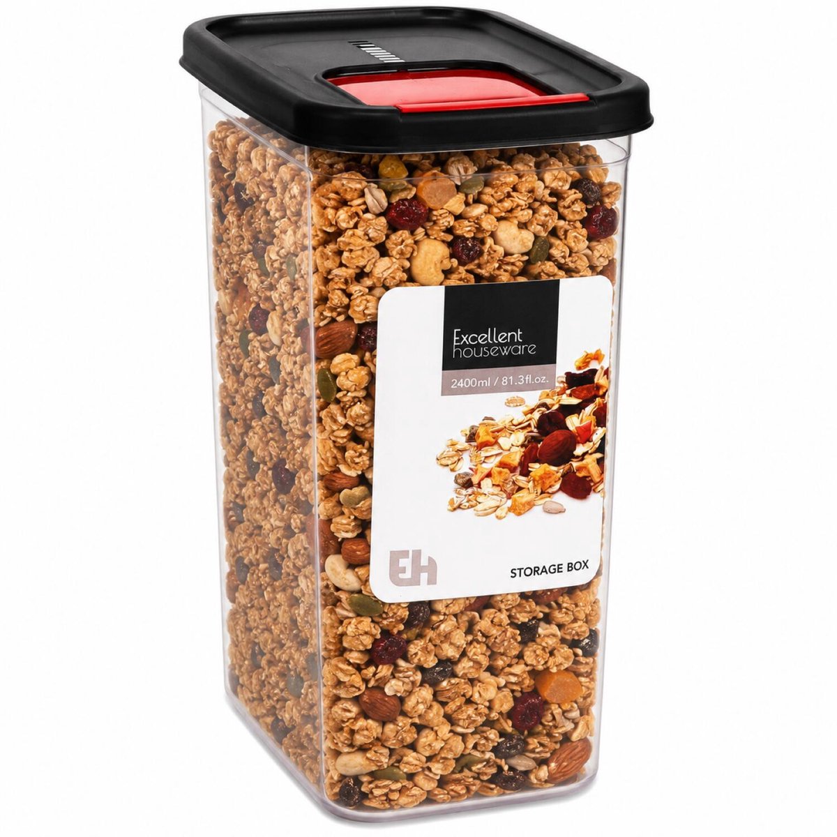 Excellent Houseware Voedselcontainer strooibus - transparant/zwart - 2400 ml - kunststof - 16 x 11 x 22 cm