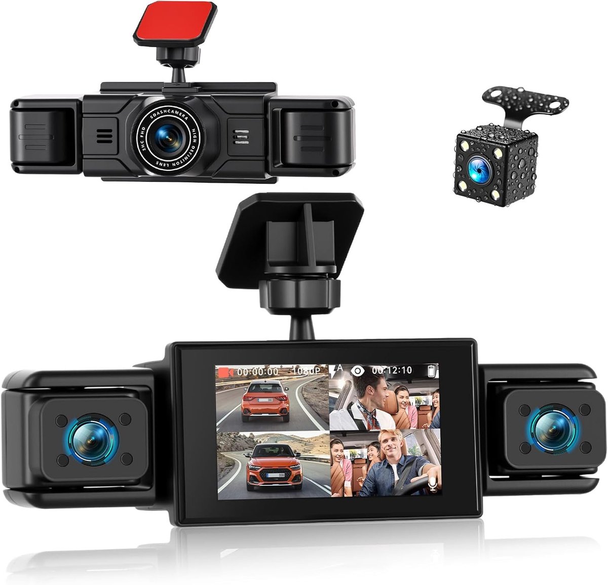 SnelShoppen - 4-kanaals Dashcam Auto 1080P met 3 Inch Display, 360° Rondom Zicht, 8 IR Nachtzicht, Bewegingsdetectie, Loopopname en Eenvoudige Montage