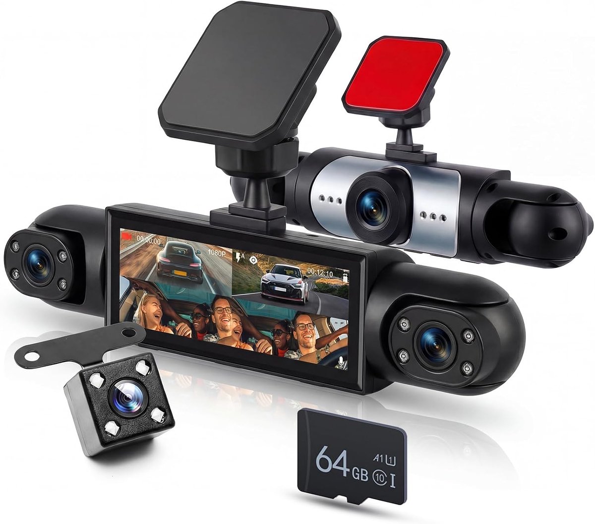 SnelShoppen - Rimoody Dashcam Auto 4 Camera's met Nachtzicht, Bewegingsdetectie, Parkeermodus 24/7, 3,16 inch IPS Display, 1080P, Ondersteuning 64GB G