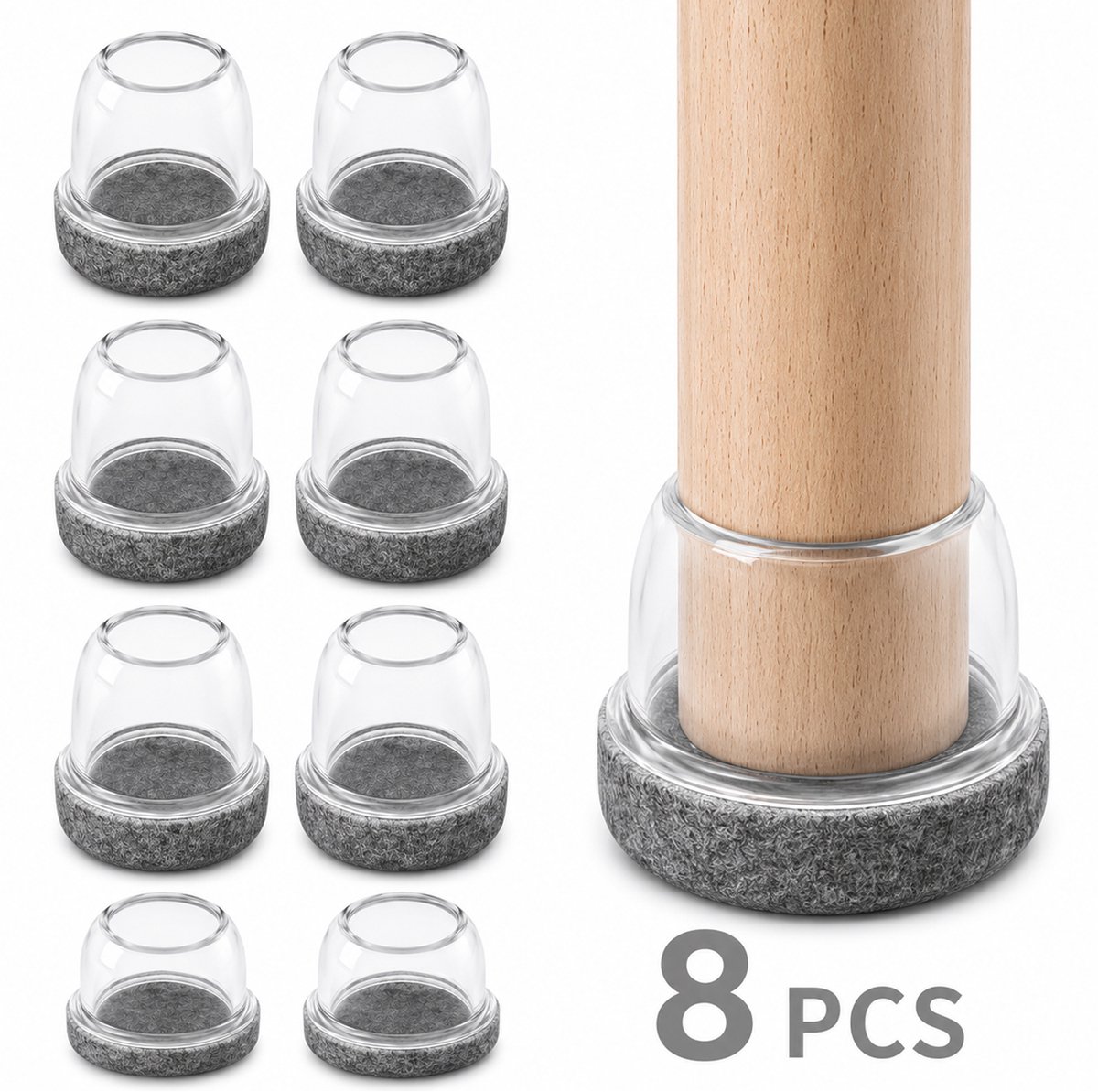 Ronde Meubelpootdoppen – Stoelpootdoppen – TPE + Vilt – Anti-Kras & Geluidsdempend – Voor Stoelen, Tafels & Meubels – Thuis & Kantoor – Transparant/Grijs – 25-30 mm – 8 Stuks