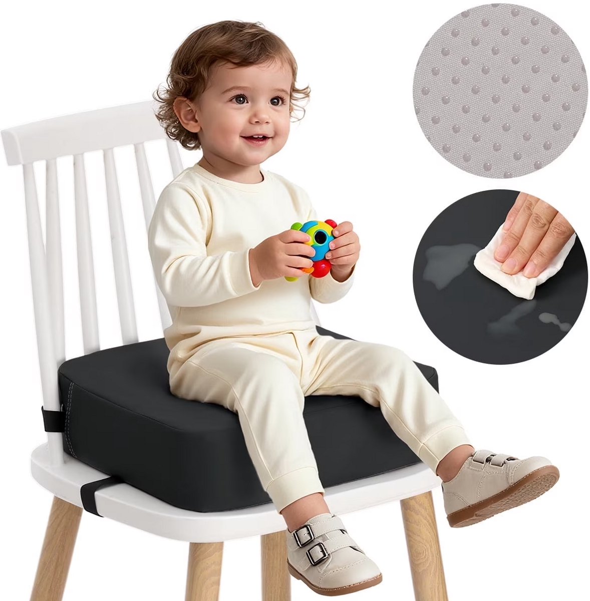 Stoelverhoger Kinderen voor Eettafel – Peuter Booster Seat Zitkussen met Veiligheidsriemen en Antislip Basis – Hoogwaardig Schuim Verhoogkussen – Zwart