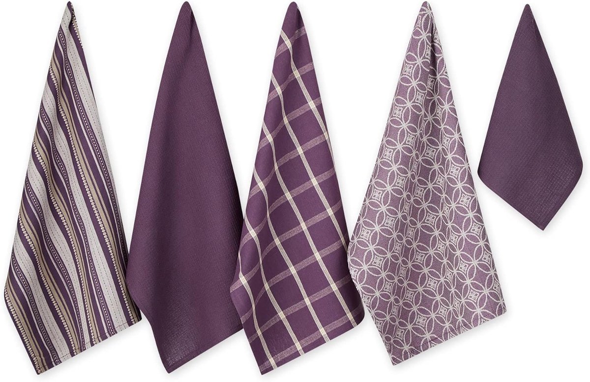 SnelShoppen - 5-delige Keukenset Vaatdoeken en Theedoeken, Geweven, Badstof, Aubergine, 18x28 en 13x13 cm, Perfect voor Keuken en Feest