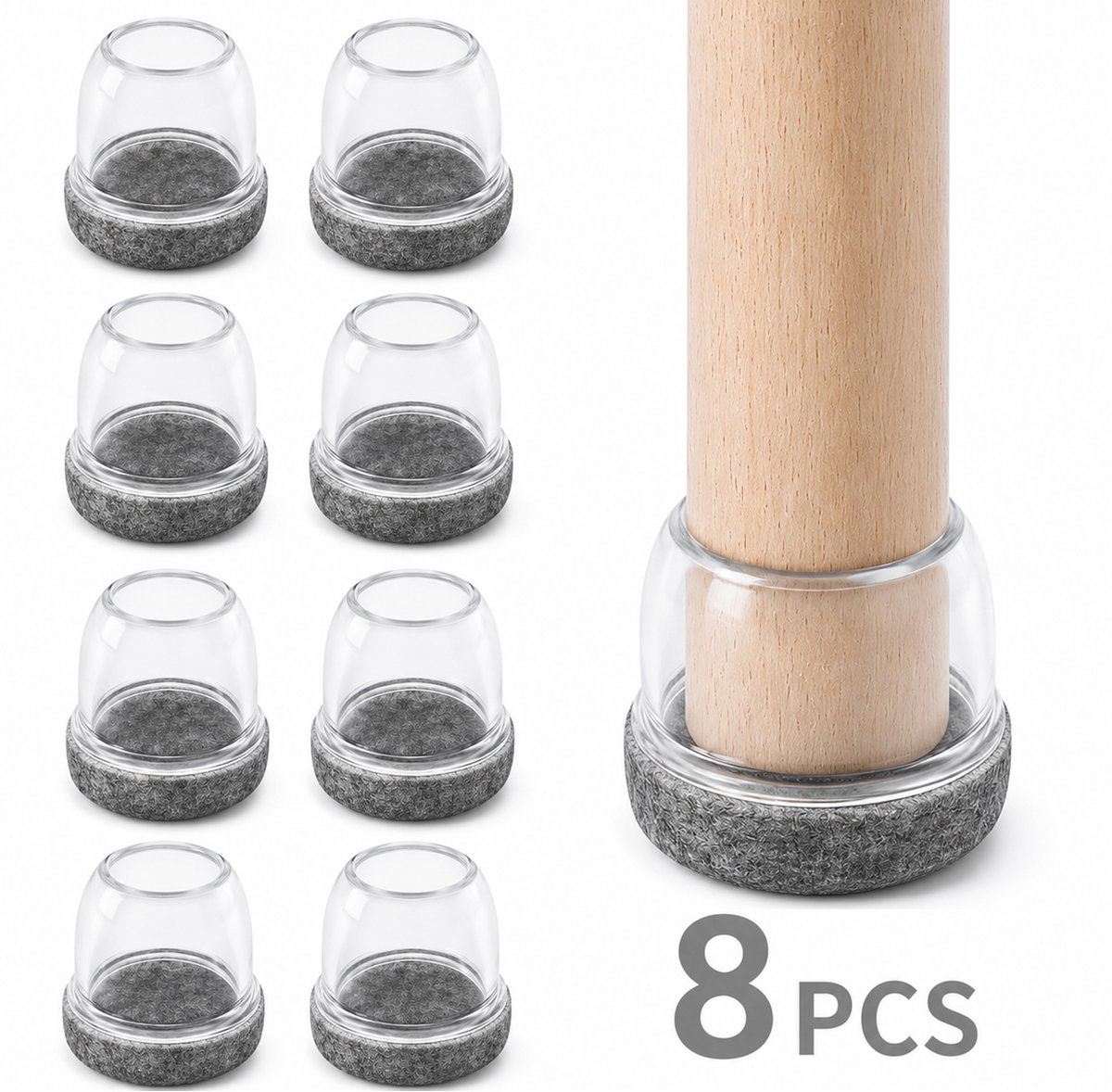 Ronde Meubelpootdoppen – Stoelpootdoppen – TPE + Vilt – Anti-Kras & Geluidsdempend – Voor Stoelen, Tafels & Meubels – Thuis & Kantoor – Transparant/Grijs – 19-25 mm – 8 Stuks