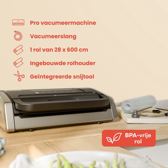 Machine sous vide KitchenBrothers noire avec porte-rouleau, outil de coupe et le texte "Rouleau sans BPA".