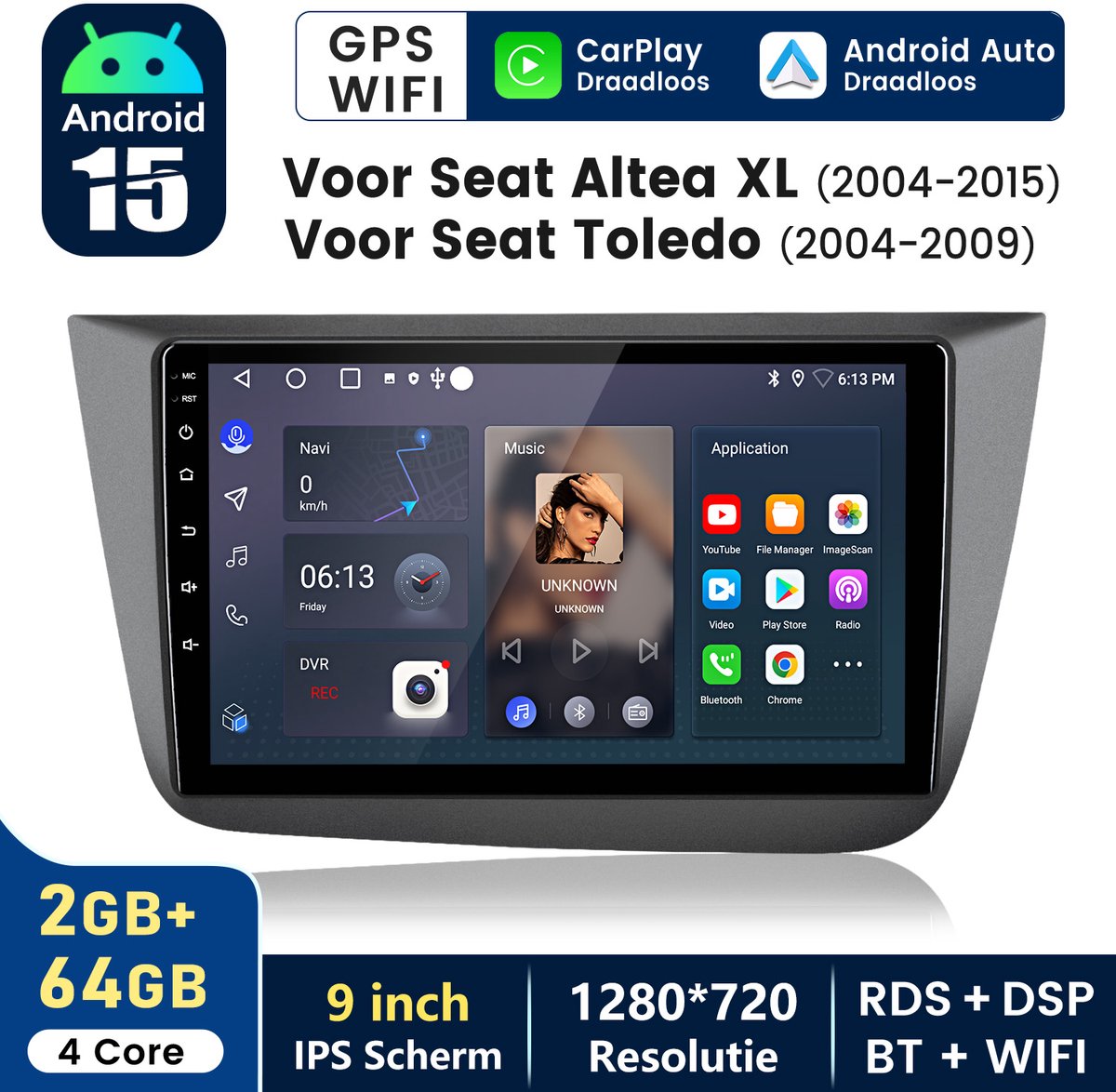 HexinexMarket - Autoradio Geschikt voor Seat Altea XL 2004-2015 - Draadloos CarPlay, Android Auto, GPS Navi, multimediaspeler, 2GB+64GB