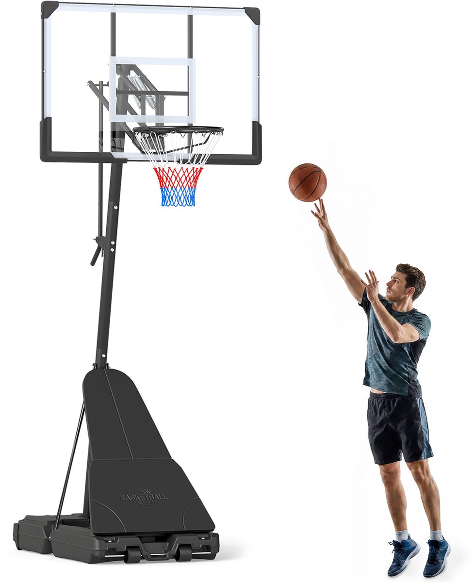 COSTWAY Basketbalstandaard, 130/170-305 cm, in hoogte verstelbaar, basketbalkorf, outdoor, met standaard en 2 wielen, mobiele basketbalinstallatie met balopslag, mandinstallatie voor kinderen en