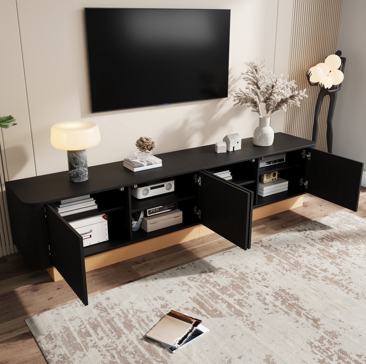 Wishdor - TV-meubel - 200 cm - 4-deurs met verstelbare vakken en kabeldoorvoer - modern minimalistisch - woonkamer - houtlook - zwart