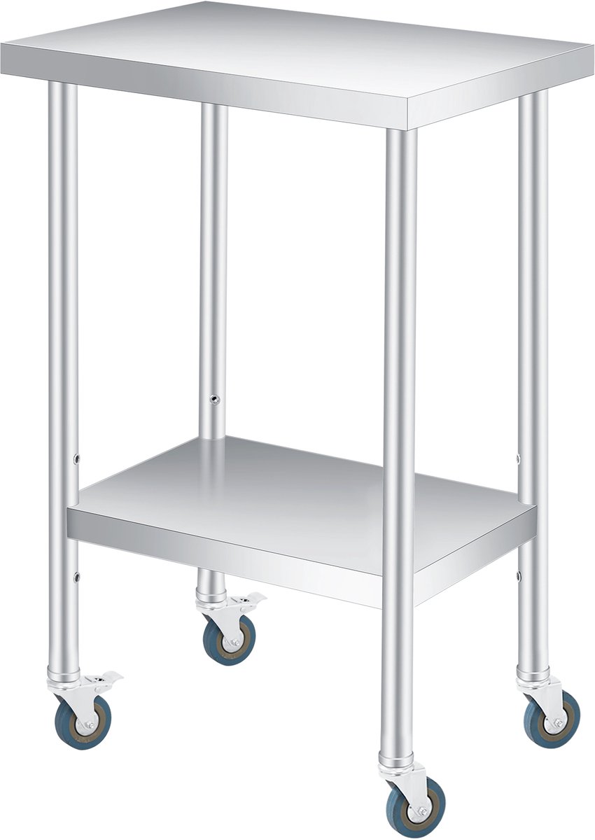 Dubbel Rvs Werktafel - Werktafel met Verstelbare Onderplank met Wielen - 30,5x61x89cm