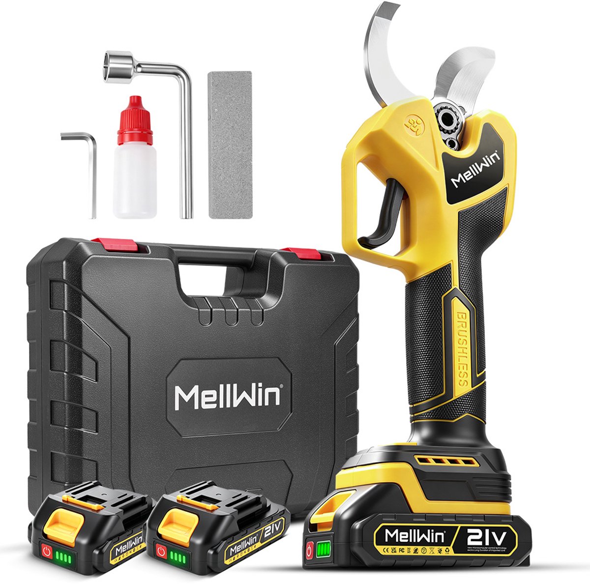 MellWin Elektrische Snoeischaar 60mm - Accu Snoeischaar - Tuinschaar - Accu Snoeischaar - met 2 Accu's - Borstelloze Motor - voor bomen, tuin en boomgaard