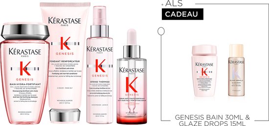 Kérastase Genesis productlijn met Bain Hydra-Fortifiant, Fondant Renforçateur, Défense Thermique, Serum Anti-Chute, en cadeaus Bain Hydra-Fortifiant 30ml en Glaze Drop 15ml.